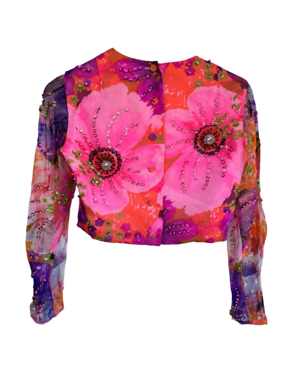 Miss Elliette California Hand-Beaded Floral Crop Blouse Sheer Sleeves Vtg 60s - Picture 2 of 16